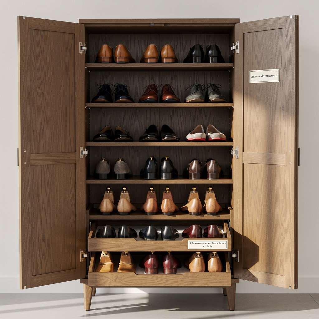 Armoire de rangement organisée avec chaussures et embauchoirs en bois